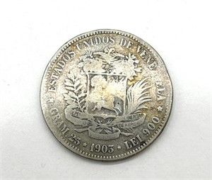 1904 Venezuela 5 Bolivars Coin