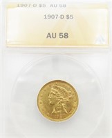 1907 D Gold $5 Liberty Head AU58 ANACS