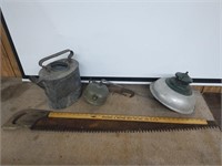 CROSSCUT SAW, WATER CAN, CLAMP ON LANTERN