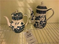 2 blue willow style tea pots