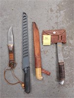 HATCHET, 2 FILET KNIVES & HUNTING KNIFE