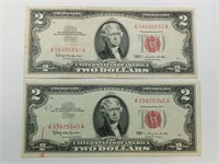 OF) Two 1963 $2 Red Seal notes
