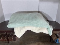 Green and White Griddle Stitch Blankets