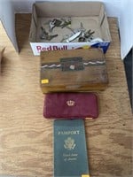 Vintage passport, pens, misc keys