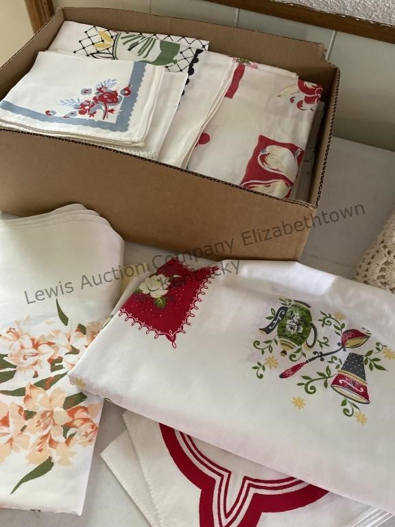 Box of vintage tablecloths napkins