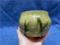 Vtg signed olive green pottery bowl / vase