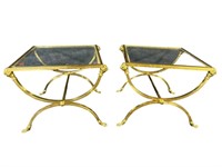 2 BRASS AND GLASS END TABLES