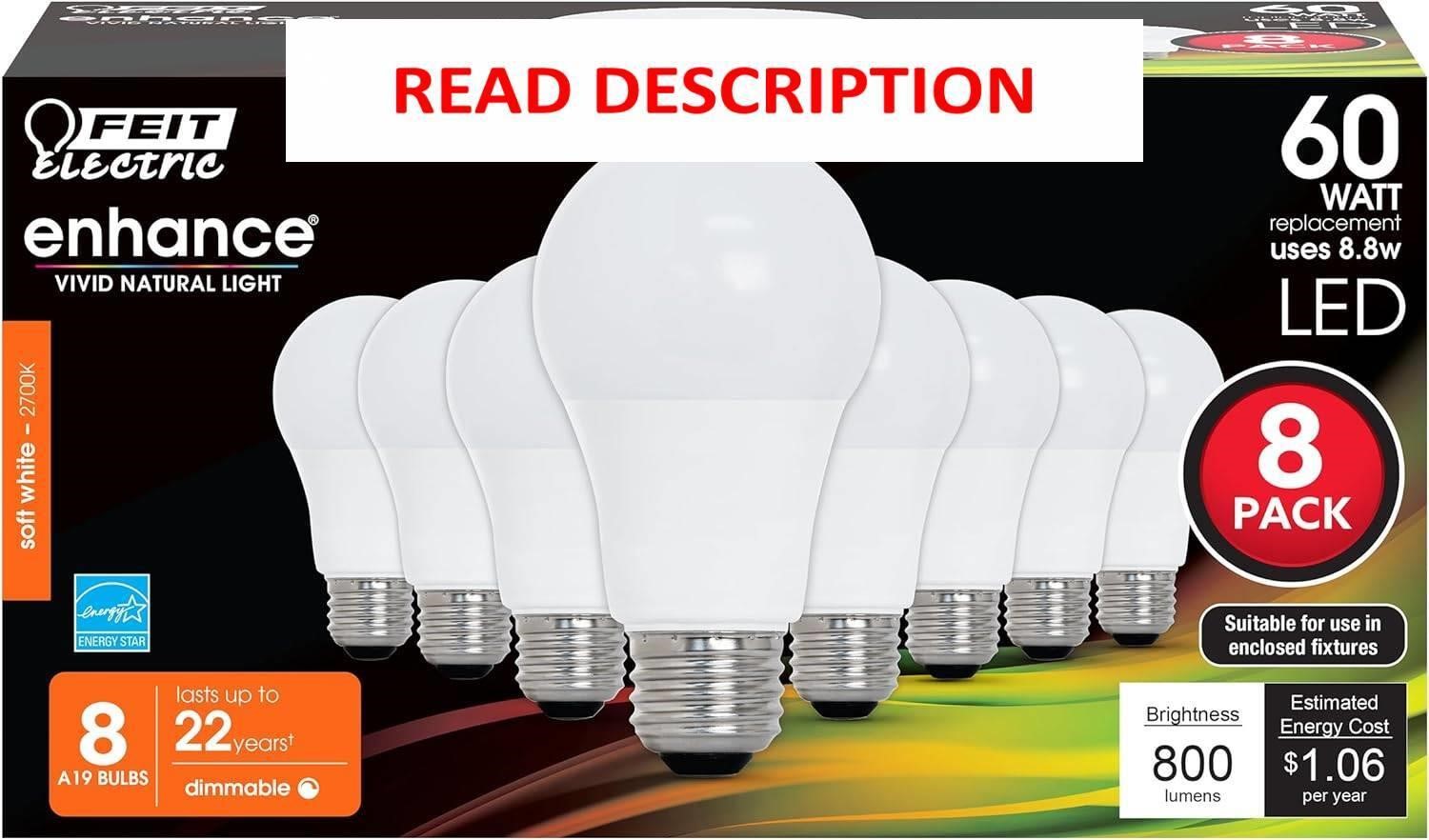 Feit Electric A19 LED Bulbs  60W Eq  3 Pack