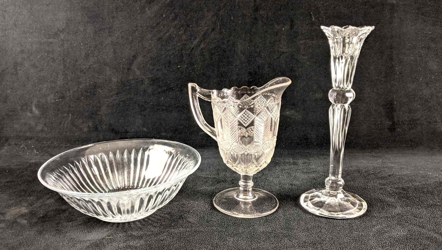 Fancy Glass Bowl, Candle Holder and Creamer Cup