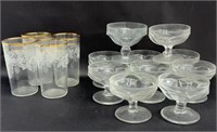 (10) FOOTED DESERTS, (4)WATER GLASSES W/ GOLD TRIM