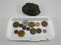 ANTIQUE CHANGE PURSE W/FOREIGN COINS & TOKENS