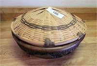 African Wood Carved Bowl W/ Woven Lid