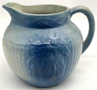 Antique Blue Stoneware Poinsettia Pitcher