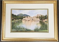 Signed L.C. Gellis watercolor lake scene framed-