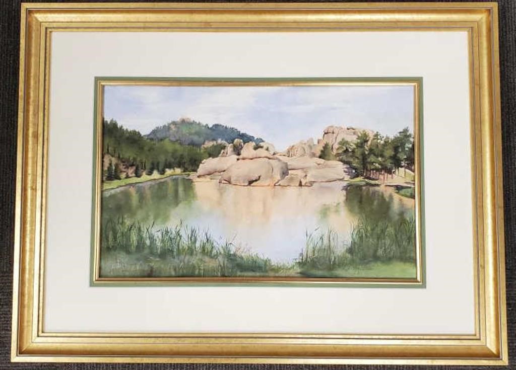 Signed L.C. Gellis watercolor lake scene framed-