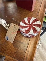 Handmade Red & White Swirl Beaded Coaster Set of