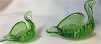 (2) Vtg Blown Green Glass Swan Bowls 3" & 4" L
