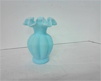 Vtg Fenton Blue Satin Glass Ruffled Melon Vase 5.5