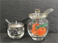 Pair of glass sugar bowls w/ spoons