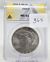 1934 Silver Dollar ANACS MS 61
