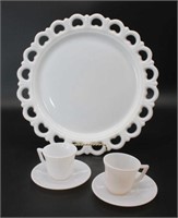 Milk Glass Plate and 2 Cups and Saucers
