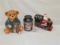 Santa Train & Teddy Bear Cookie Jars & Tin