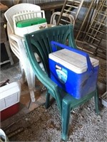 6 Plastic Chairs, 2 Coolers