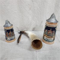 Vintage German steins & powderhorn