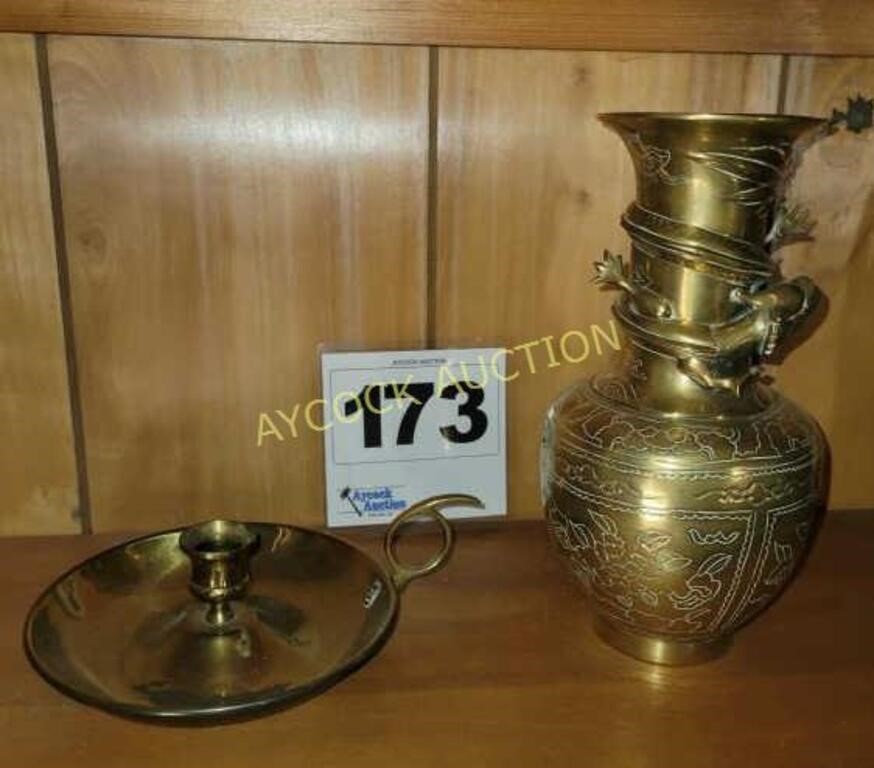 Brass vase & brass candlestick