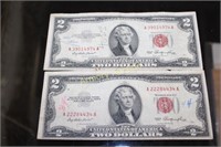 2 RED SEAL 2 DOLLAR NOTES - PEN AND PENCIL MARKS