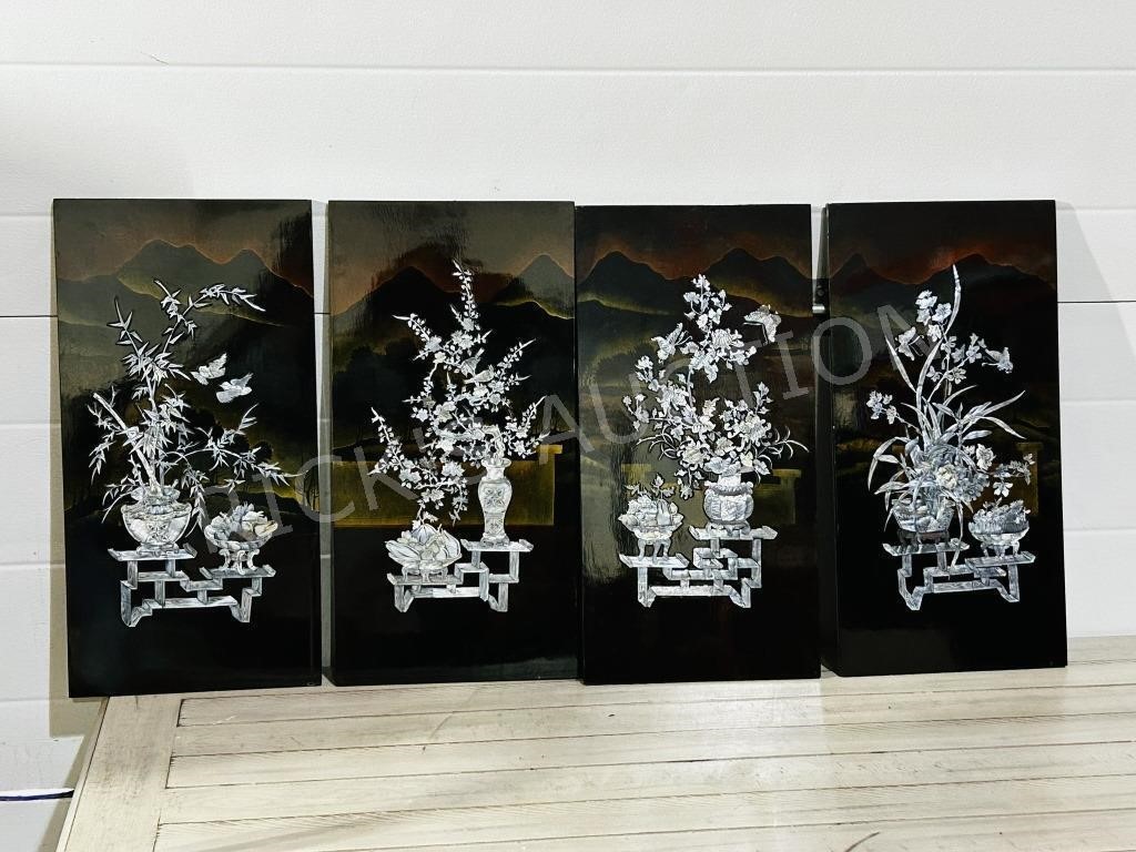 set of 4 black lacquer asian panels