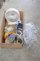 BOX WITH FAN, PLASTIC TUBING, PRUNING SAW, ETC.