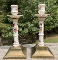 Pair German Brass-Base Porcelain Candlesticks