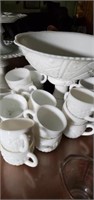 MILK GLASS PUNCH BOWL AND CUPS