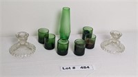 GREEN GLASS VOTIVES AND VASE AND ANTIQUE CANDLE HO