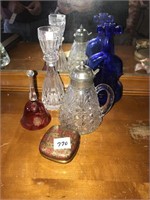 Glass bell, cobolt blue vase, surp pitcher