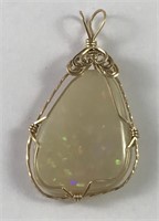 Large 14K Gold and Natural White Opal Pendant