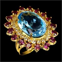 Natural Handmade Blue Topaz 23.46 Ct & Garnet Ring