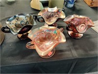 4 Carnival glass dishes, 3.5" tall