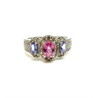14K White Gold Ring w/Pink Sapphire & Diamonds