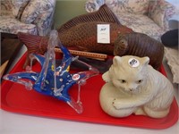 Tray lot of various bric-a-brac including cat and