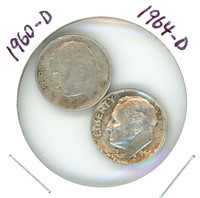 2 Roosevelt Silver Dimes: 1960-D & 1964-D
