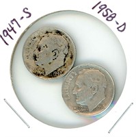 2 Roosevelt Silver Dimes: 1947-S & 1958-D