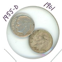2 Roosevelt Silver Dimes: 1955-D & 1961