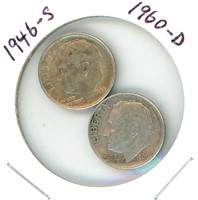 2 Roosevelt Silver Dimes: 1946-S & 1960-D