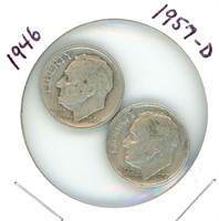 2 Roosevelt Silver Dimes: 1946 & 1957-D