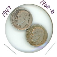 2 Roosevelt Silver Dimes: 1947 & 1960-D