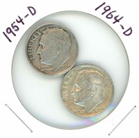 2 Roosevelt Silver Dimes: 1954-D & 1964-D