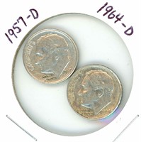 2 Roosevelt Silver Dimes: 1957-D & 1964-D