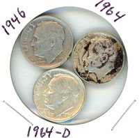 3 Roosevelt Silver Dimes: 1946, 1964 & 1964-D